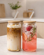 Trinkgläser mit Bambusdeckel & Glasstrohhalm 4er Set 500 ml