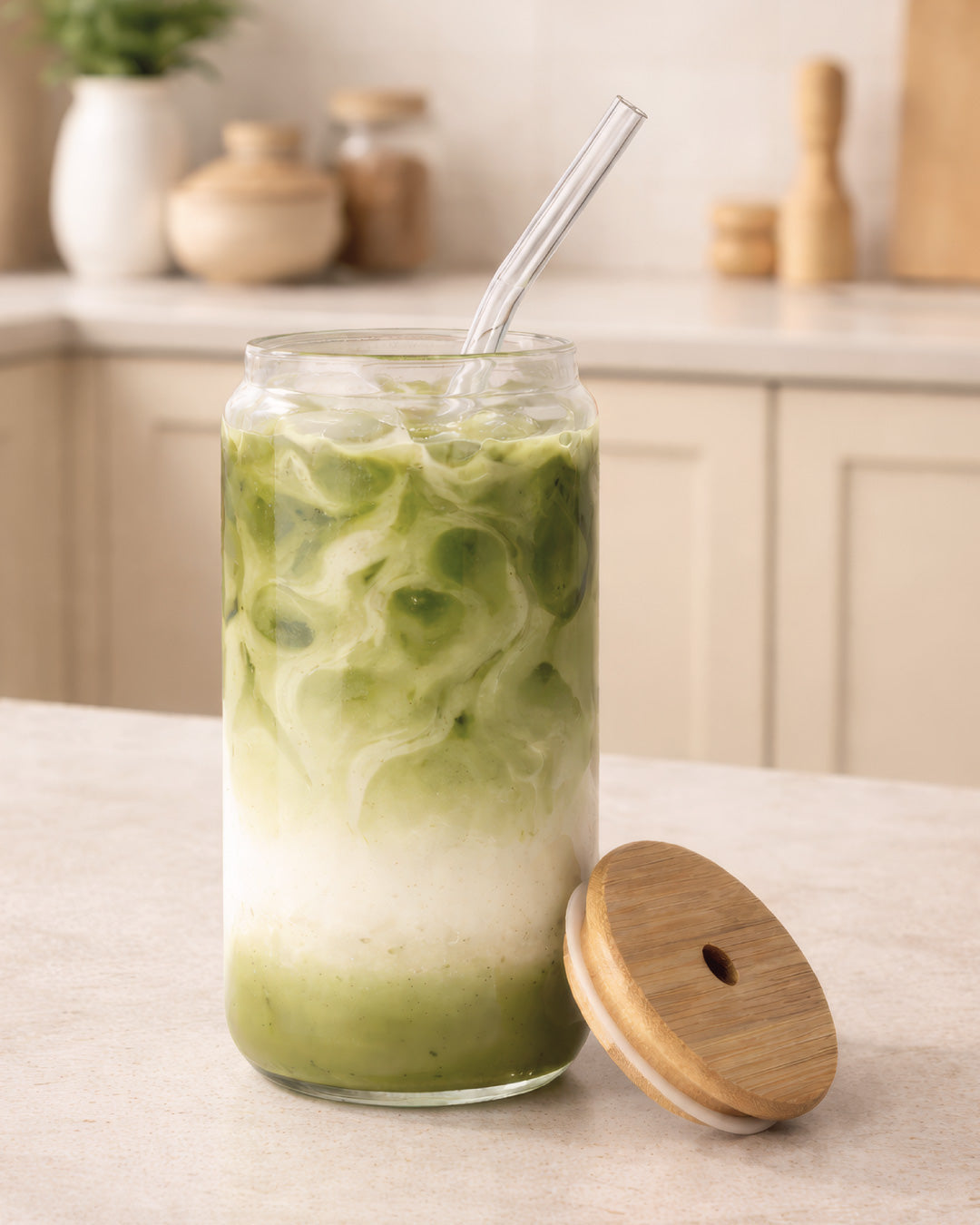 Trinkgläser mit Bambusdeckel & Glasstrohhalm 4er Set 500 ml