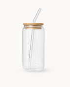 Trinkgläser mit Bambusdeckel & Glasstrohhalm 4er Set 500 ml