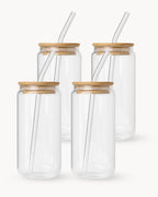 Trinkgläser mit Bambusdeckel & Glasstrohhalm 4er Set 500 ml