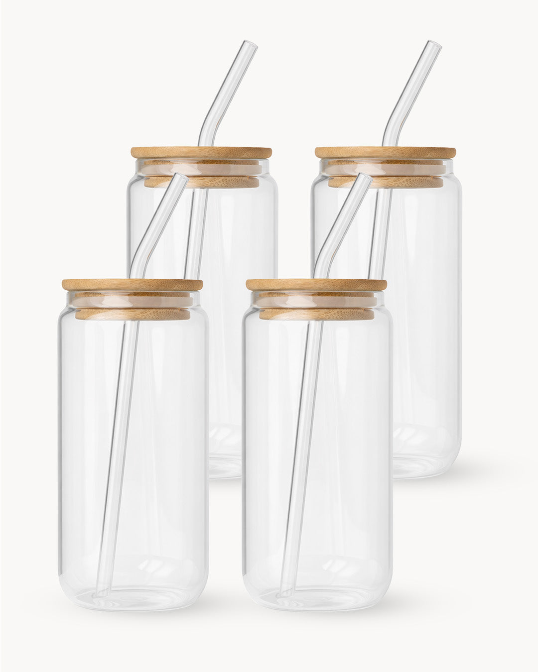 Trinkgläser mit Bambusdeckel & Glasstrohhalm 4er Set 500 ml