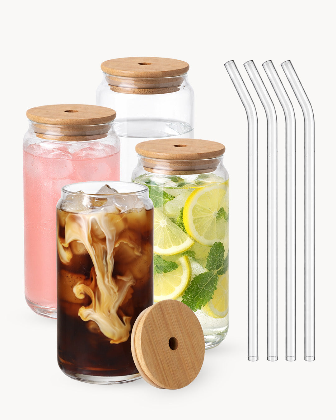 Trinkgläser mit Bambusdeckel & Glasstrohhalm 4er Set 500 ml