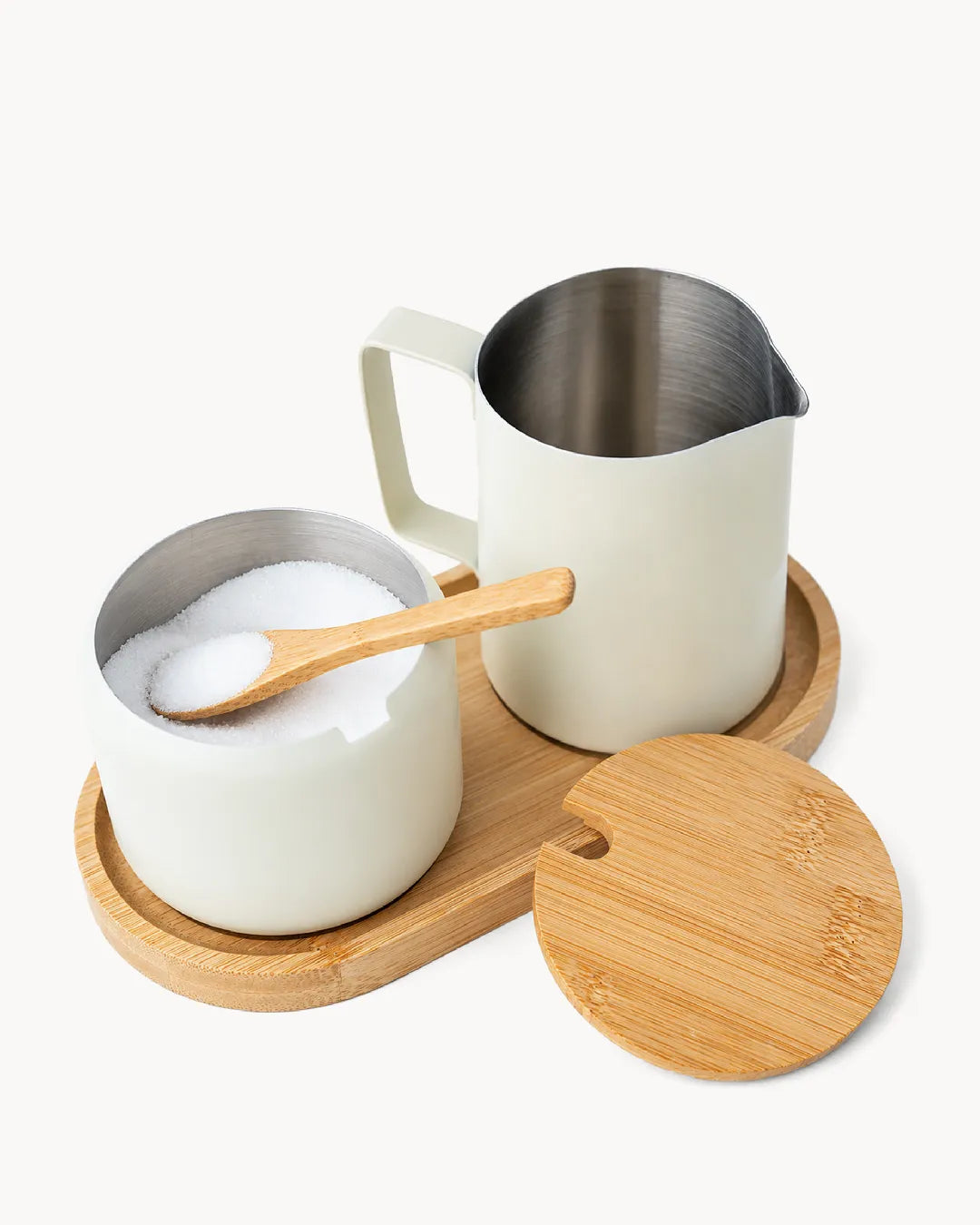 Milch & Zucker Set aus Edelstahl mit Bambus-Tablett