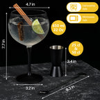 Miamio Gin Gläser Crystaluna 2er Set Glas, mit Messbecher, Rührlöffel und schwarzem Fuß
